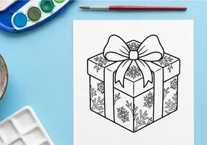 Christmas gift box with snowflake pattern and bow, black and white line art illustration.