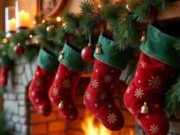 Rustic stone fireplace with five hanging Christmas stockings. preview picture