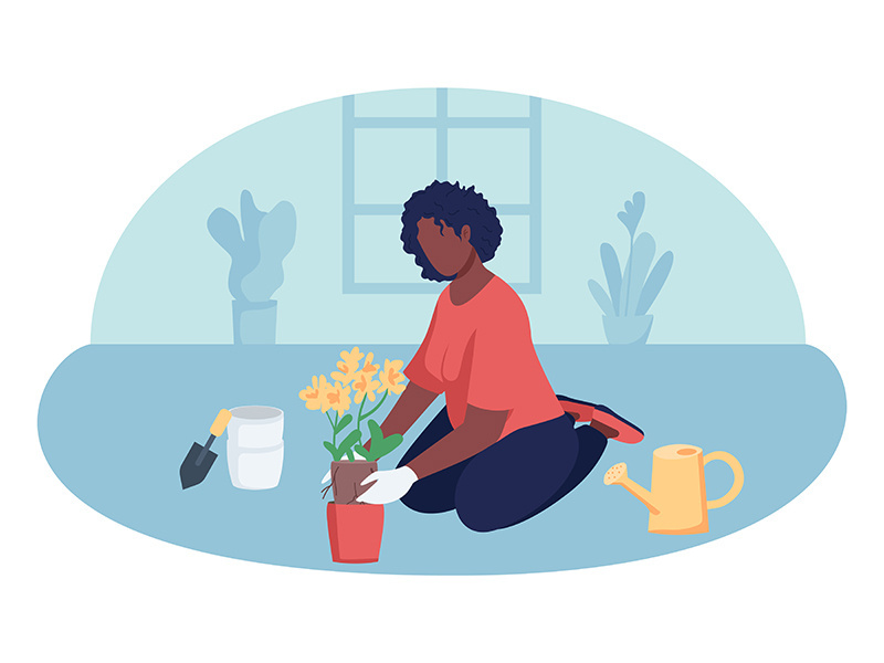 Woman gardening indoors 2D vector isolated illustration