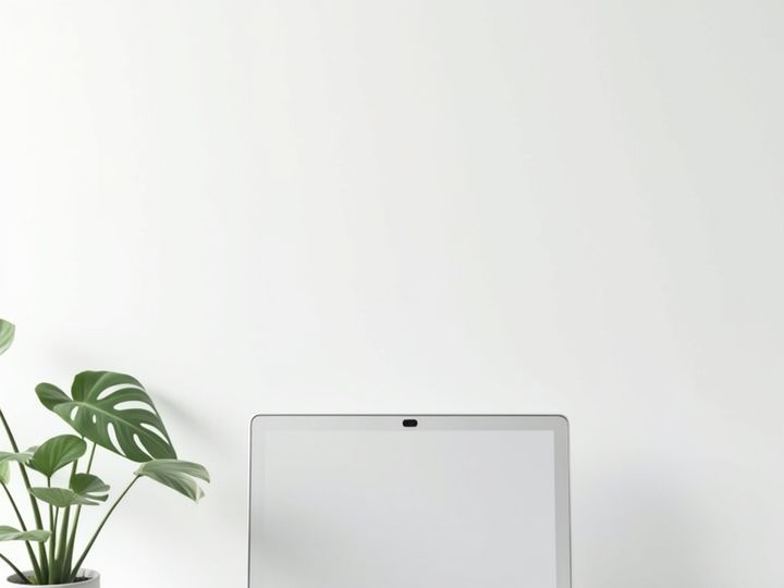 Minimal desk workspace with laptop, notebook, and indoor plant,