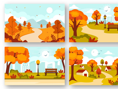 22 Autumn Landscape Blue Background Illustration