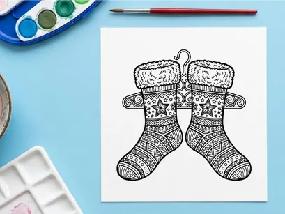Christmas stockings coloring page with intricate star patterns on a clothes hanger