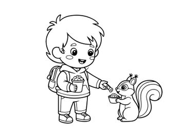 Boy feeding squirrel flat design vector illustration preview picture