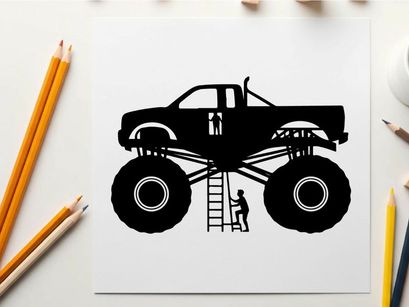 Silhouette of a monster truck with a person climbing
