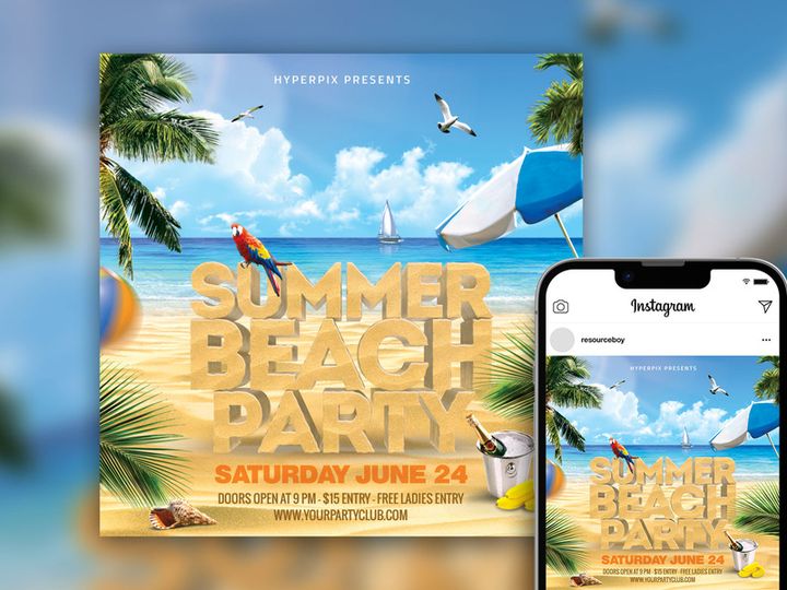 Free Gorgeous Topical Summer Beach Party Instagram Post Template