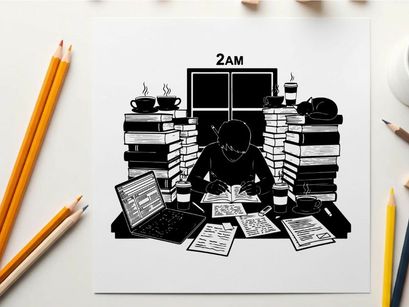 Late night study session with cat silhouette