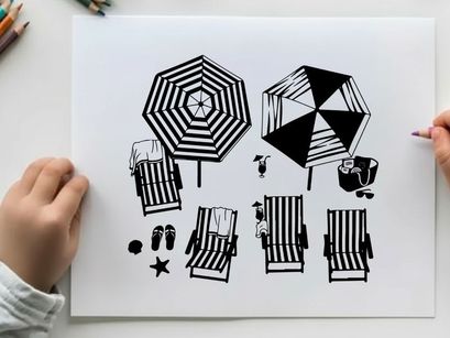 Beach scene with striped umbrella and silhouette beach chairs