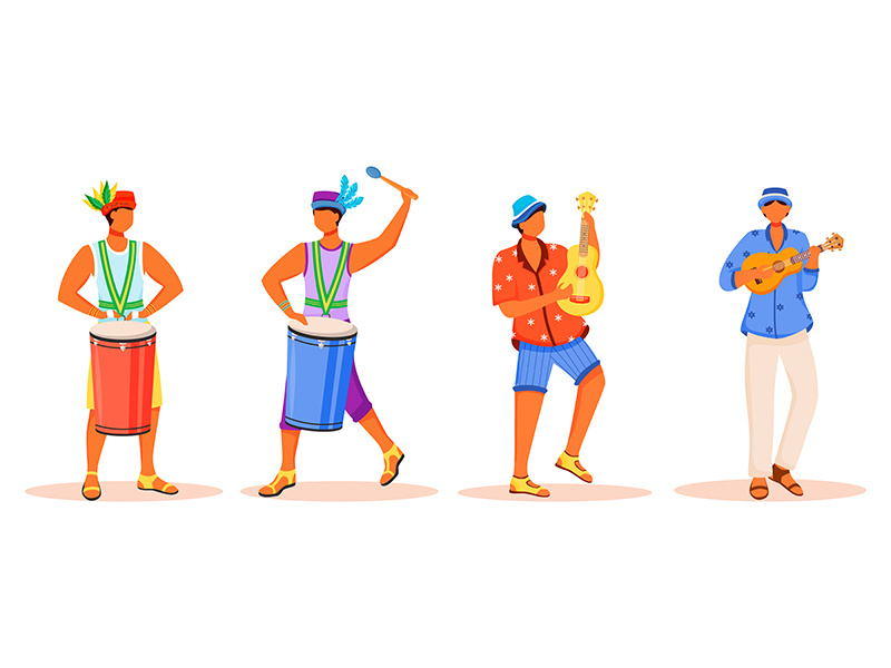 Brazil carnival musicians flat color vector faceless characters set