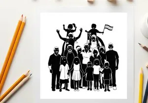 Diverse group of people in silhouette with children on shoulders waving a flag