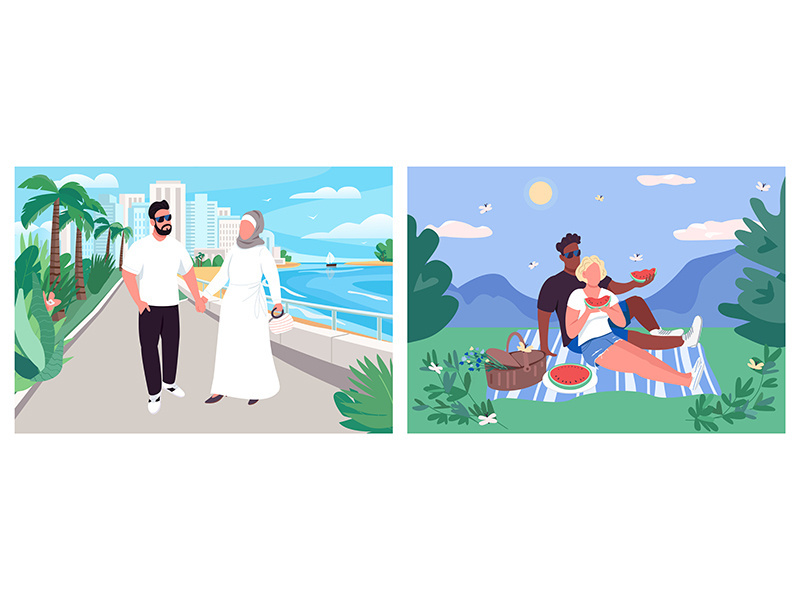 Summer couple recreation flat color vector illustration set