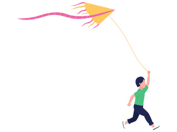 Little boy with flying kite flat color vector faceless character preview picture