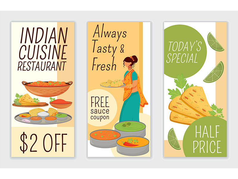 Indian cuisine restaurant flyers flat vector templates set