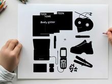 Silhouette of assorted fashion and beauty items on white