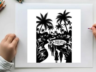 Tropical paradise scene with silhouette of people and palm trees