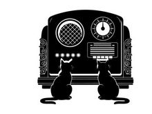 Two cats listening to a vintage radio silhouette