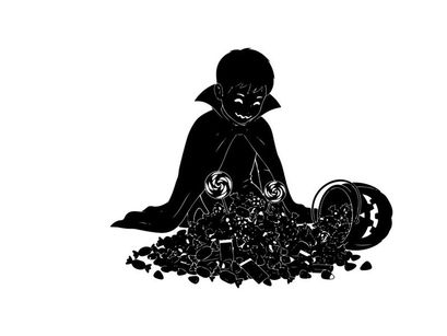 A silhouette of a cute vampire surrounded by candy and a pumpkin