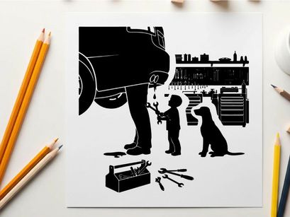 Silhouette of a man and boy working on a car with dog