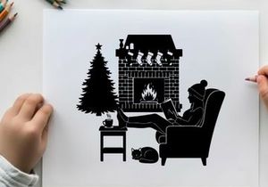 Cozy silhouette of person by christmas tree and fireplace