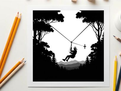 Silhouette of a person ziplining through a forest with mountains in the background silhouette