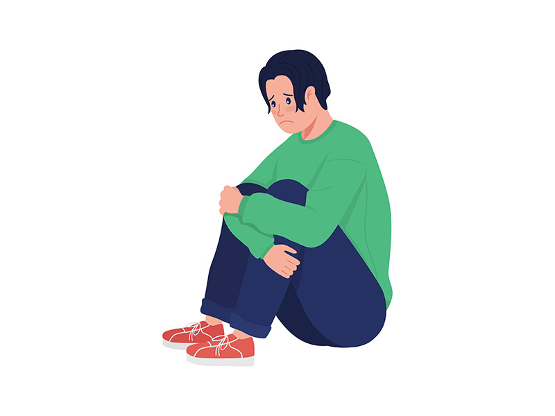 Lonely depressed teenager boy semi flat color vector character