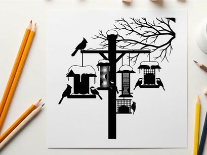 Silhouette of birds on snowy bird feeders in winter