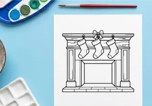 Line Art Illustration of a Fireplace with Hanging Stockings