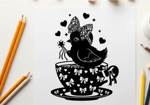 Whimsical silhouette bird on a teacup with bow and hearts