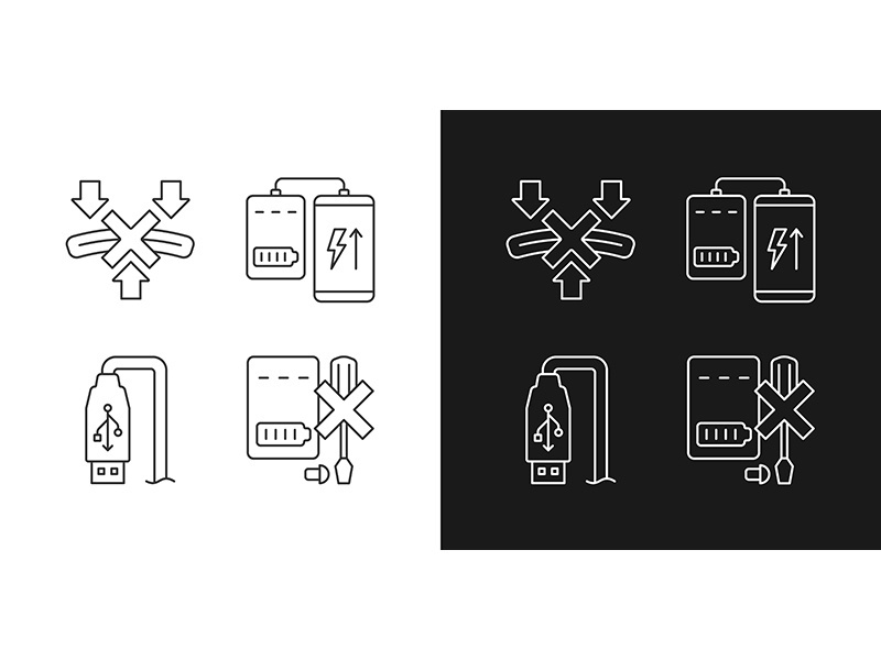 Powerbank proper use linear manual label icons set for dark and light mode