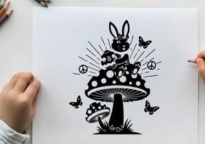 Peaceful silhouette of bunny on mushroom with butterflies