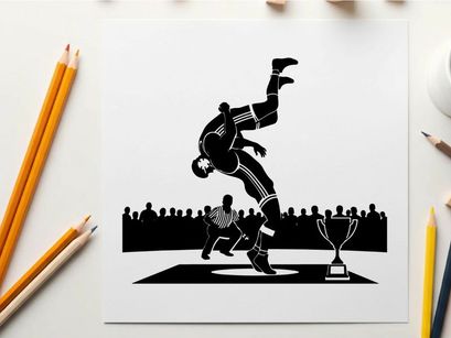 Silhouette of gymnast performing flip with trophy and referee