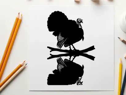 Silhouette of a turkey perched on branches with reflection