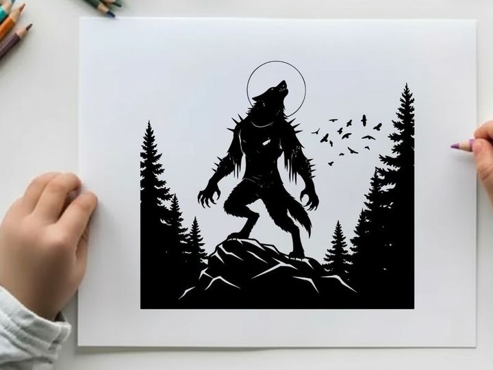 Silhouette of a werewolf howling at the full moon in forest