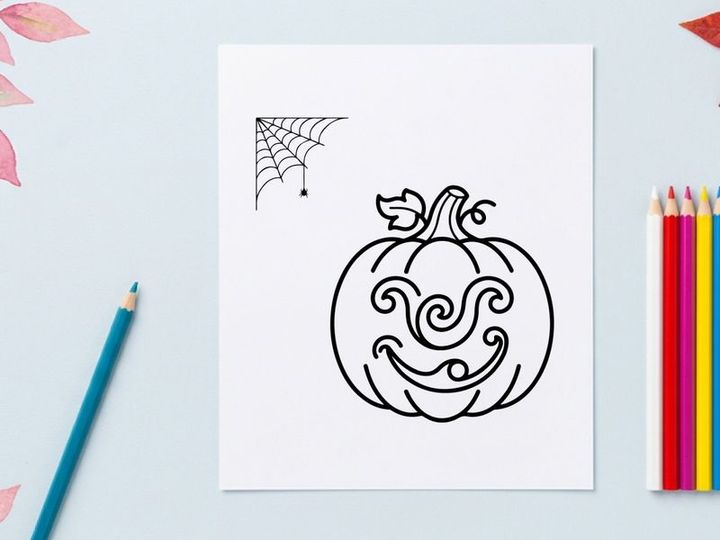 Halloween pumpkin coloring page. Festive jack-o-lantern line art for kids activity.