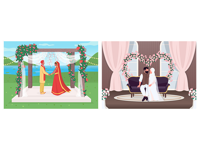 Indian and muslim wedding flat color vector illustration set