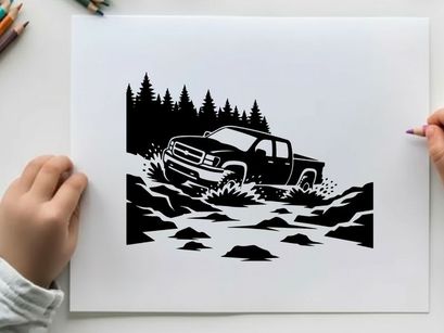 Silhouette of a pickup truck driving through a rugged terrain with a forest silhouette