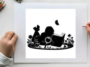 Silhouette of girl reading book with magnifying glass and butterfly nearby preview picture