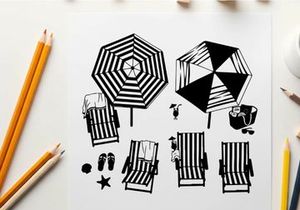 Beach scene with striped umbrella and silhouette beach chairs