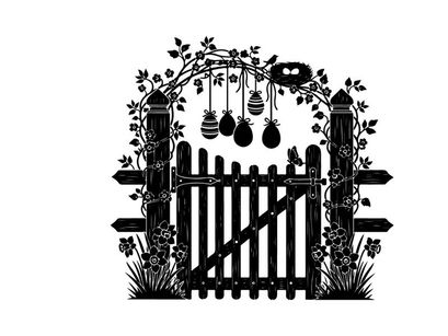 Silhouette of a garden gate with beehives and honeycombs silhouette