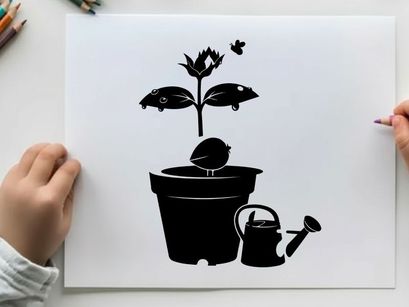 Silhouette of a potted plant with watering can