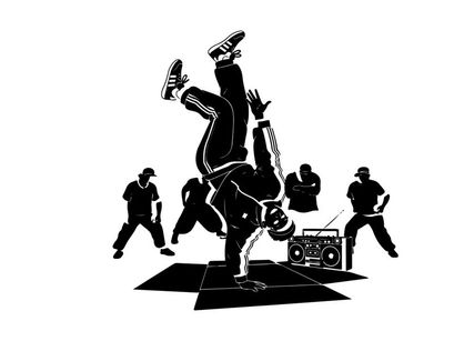 Breakdancing silhouette performance with boombox and crew