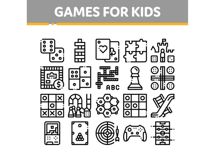 Interactive Kids Games Vector Thin Line Icons Set