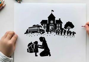 Silhouette of mother and child in front of school