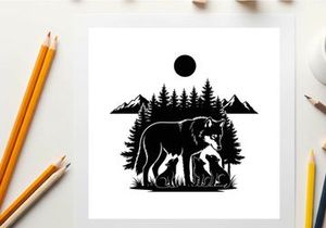 Silhouette of a bear and cubs in a forest under a full moon