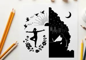 Silhouette of a dancer and a pianist in contrasting environments silhouette