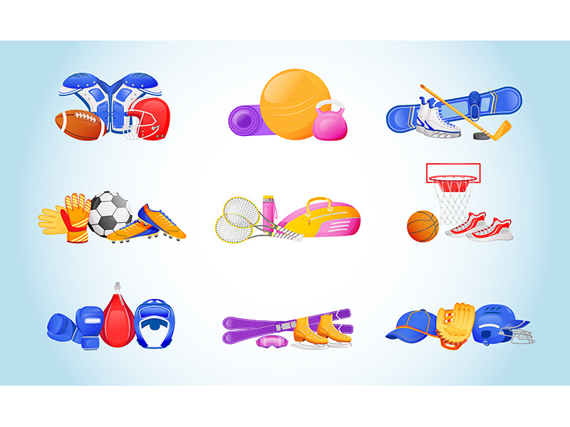 Sports equipment flat color vector objects set