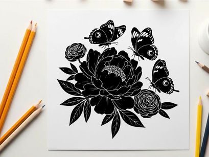 Silhouette of butterflies and flowers on white background