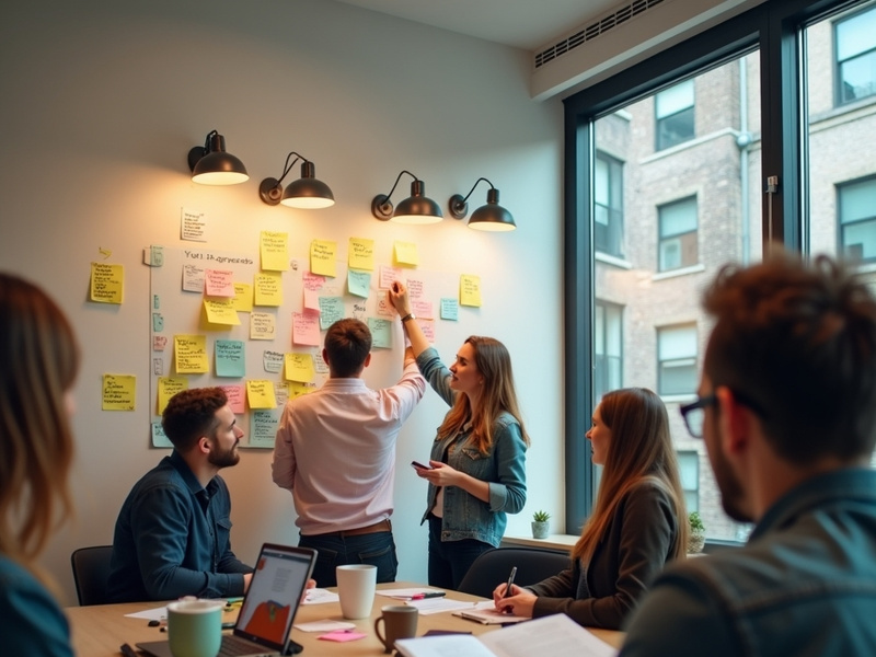 A diverse group brainstorms ideas in a modern office.