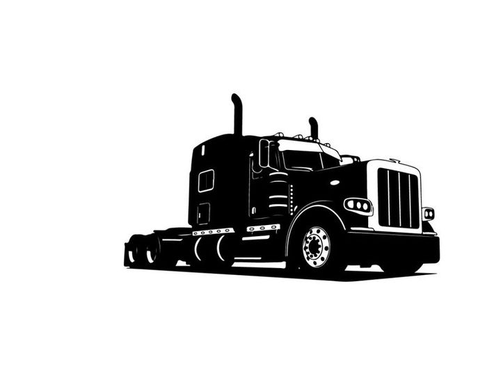 Silhouette of a large black semi truck on a white background