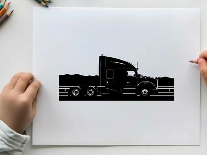 Silhouette of a large truck driving on the highway at sunset silhouette