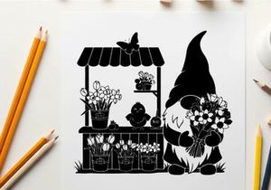 Silhouette of a gnome buying flowers from a vendor's stand